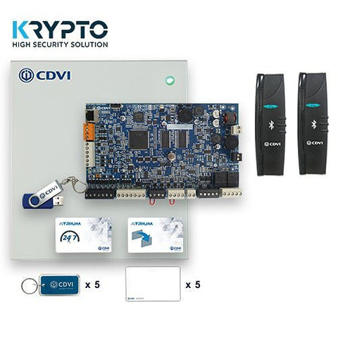 CDVI | A22K1BT Atrium KRYPTO Mobile-PASS Kit, Includes A22K, (2)K1BT, (5)TAG-EV2, (5)ISO25DTH, Atrium software, Master and Programming Cards