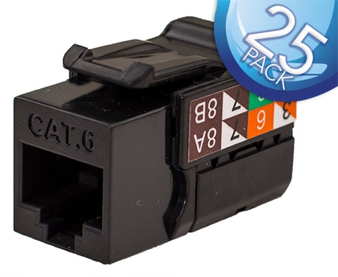 CAT6 Data Grade Keystone Jack – 25 Pack, RJ45, 8×8, Black