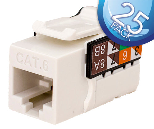 CAT6 Data Grade Keystone Jack – 25 Pack, RJ45, 8×8, White.