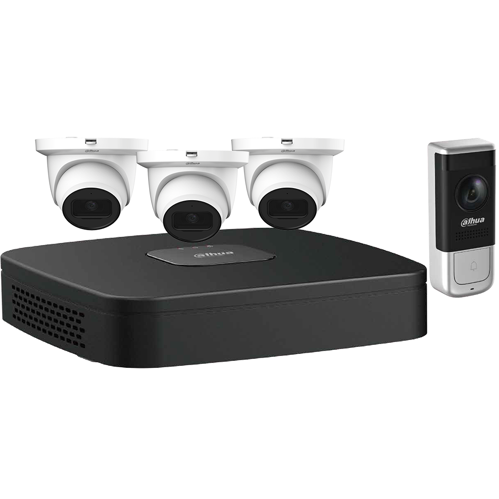 Three (3) 4 MP Eyeball Network Cameras, One (1) WiFi Video Doorbell, One (1) 4-channel 4K NVR
