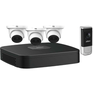 Three (3) 4 MP Eyeball Network Cameras, One (1) WiFi Video Doorbell, One (1) 4-channel 4K NVR