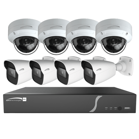 8 Ch. Plug & Play NVR and IP Kit • 8 ch. NVR with 8 ch. built-in PoE, 2TB • 4 4MP H.265 IP dome cameras • 4 4MP H.265 IP bullet cameras