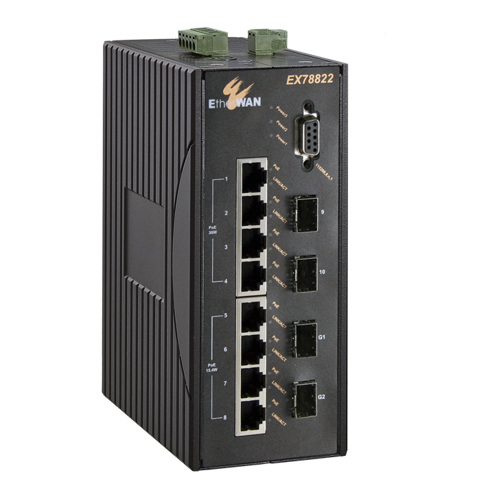 Etherwan | EX78000 Series - Hardened Managed 4 to 10-port 10/100BASE (8 x PoE) and 2-port Gigabit Ethernet Switch