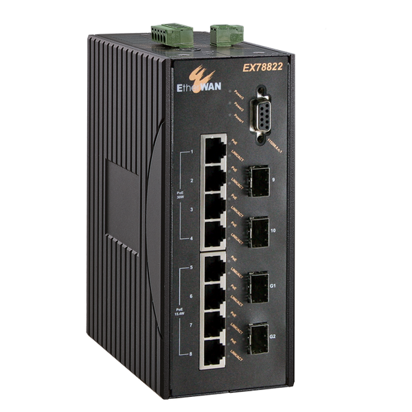 Etherwan | EX78000 Series - Hardened Managed 4 to 10-port 10/100BASE (8 x PoE) and 2-port Gigabit Ethernet Switch